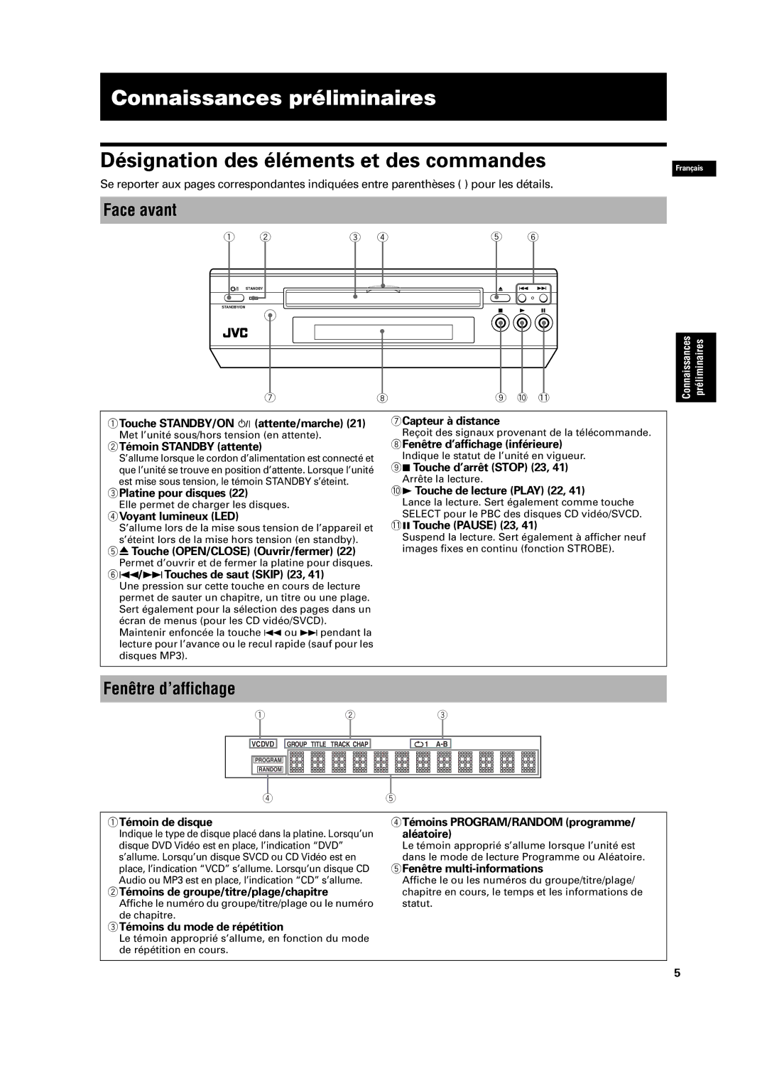 JVC XV-C3SL manual Connaissances préliminaires, Désignation des éléments et des commandes, Face avant, Fenêtre d’affichage 