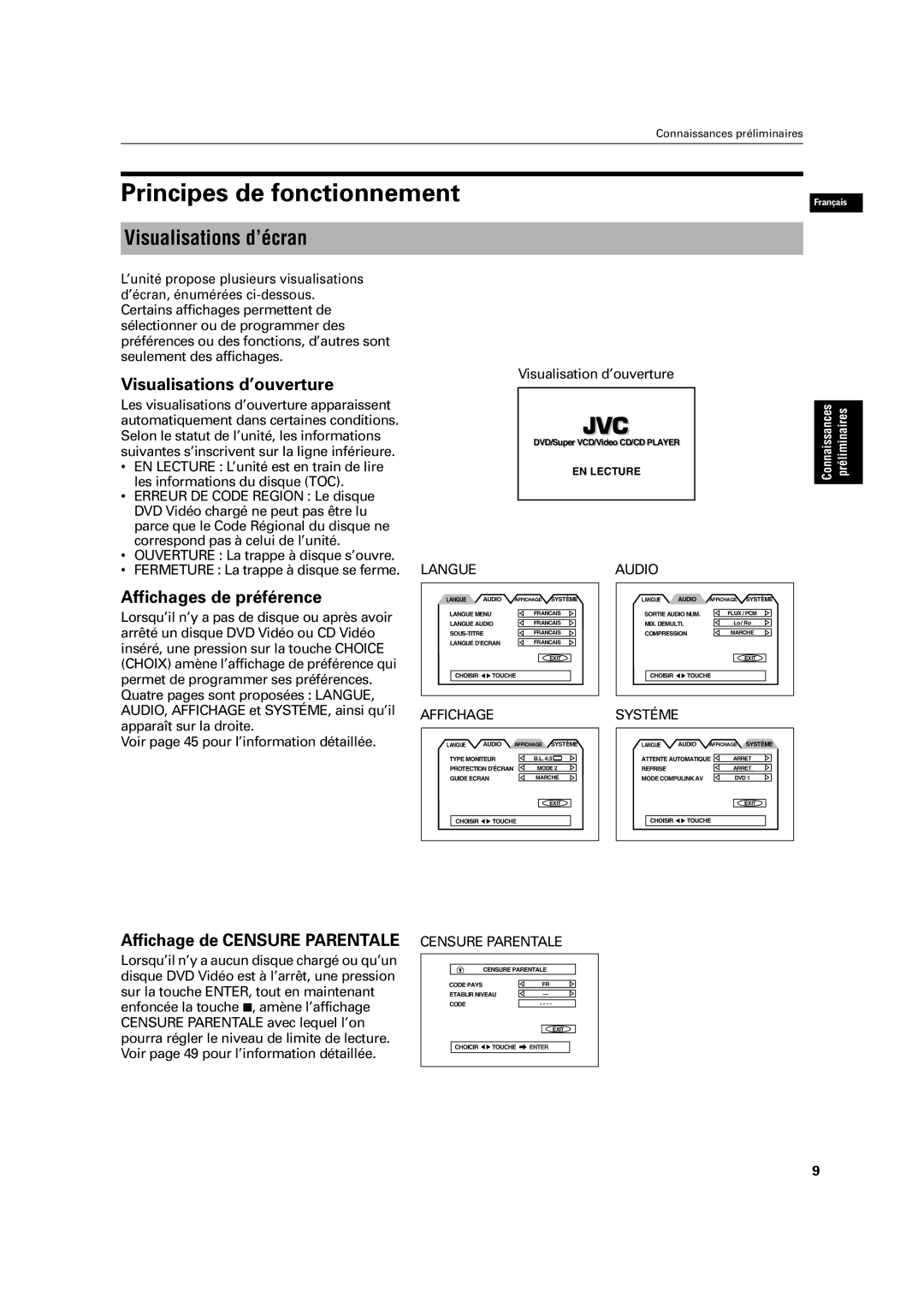 JVC XV-C3SL Principes de fonctionnement, Visualisations d’écran, Visualisations d’ouverture, Affichages de préférence 