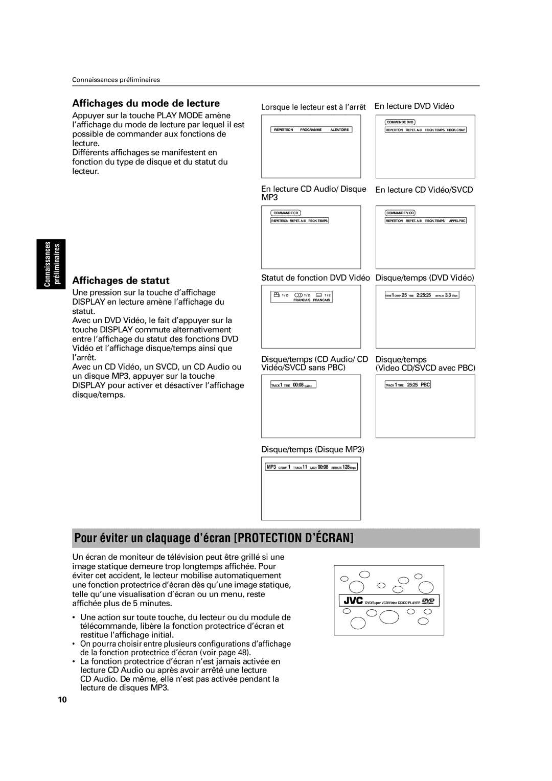 JVC XV-C3SL Pour éviter un claquage d’écran Protection D’ÉCRAN, Affichages du mode de lecture, Affichages de statut, MP3 