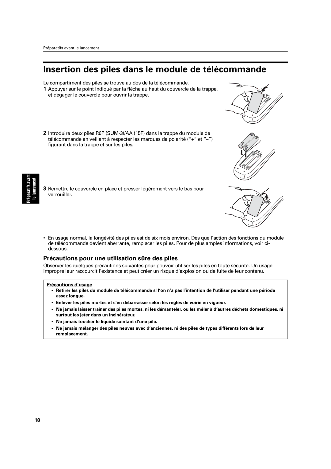 JVC XV-C3SL manual Insertion des piles dans le module de télécommande, Précautions pour une utilisation sûre des piles 