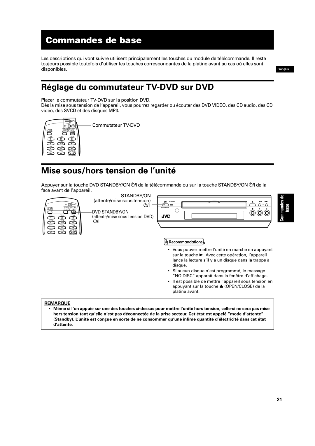 JVC XV-C3SL manual Commandes de base, Réglage du commutateur TV-DVD sur DVD, Mise sous/hors tension de l’unité, Standby/On 