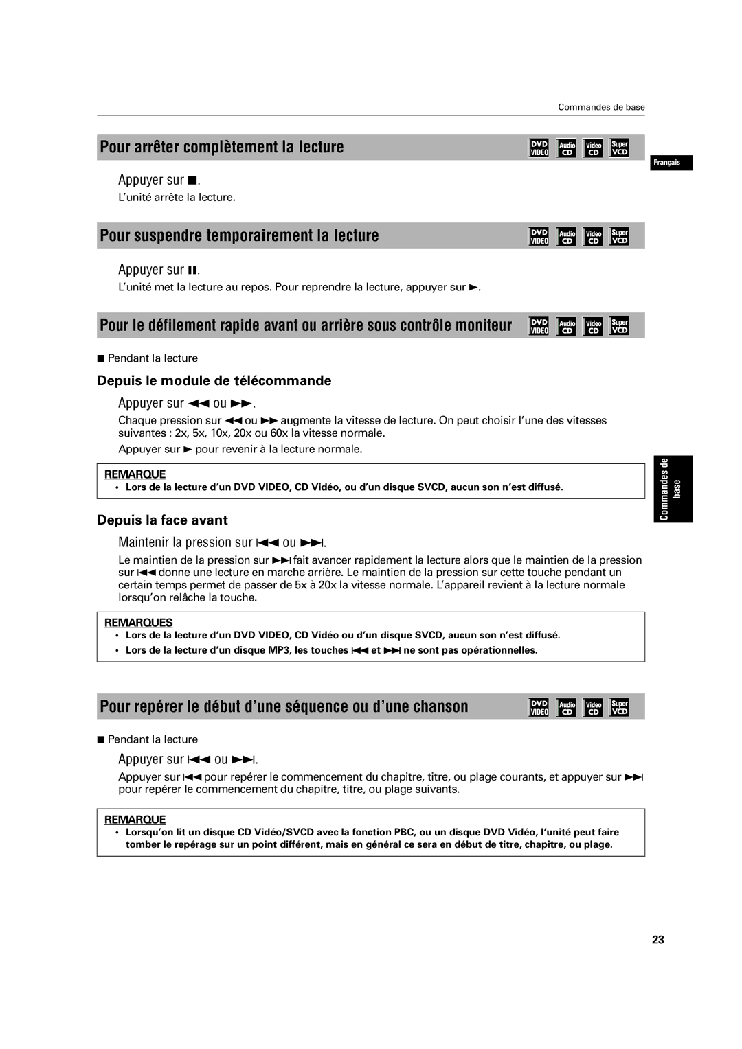 JVC XV-C3SL manual Pour arrêter complètement la lecture, Pour suspendre temporairement la lecture, Depuis la face avant 