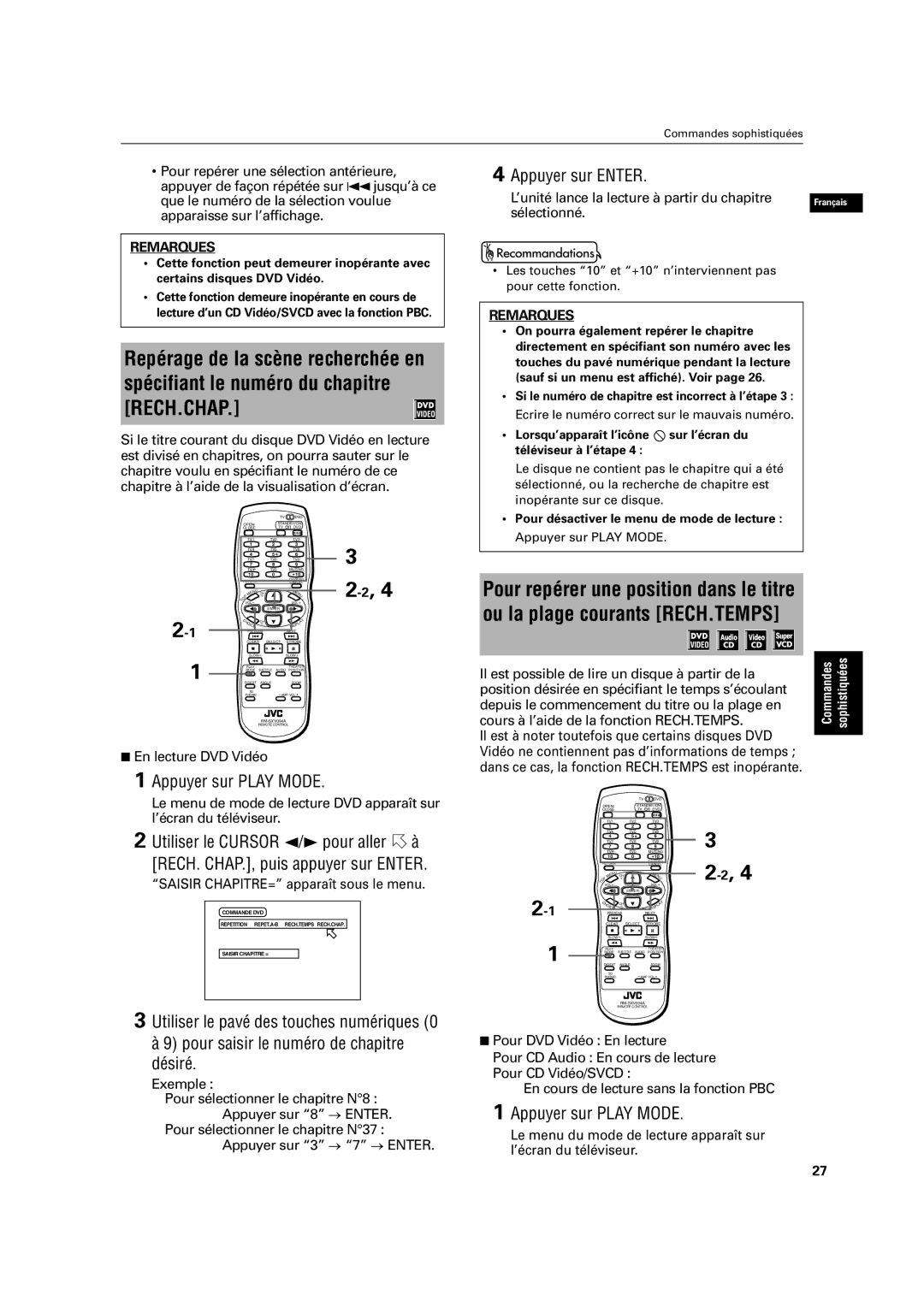 JVC XV-C3SL manual Ou la plage courants RECH.TEMPS, Appuyer sur Enter, Appuyer sur Play Mode 