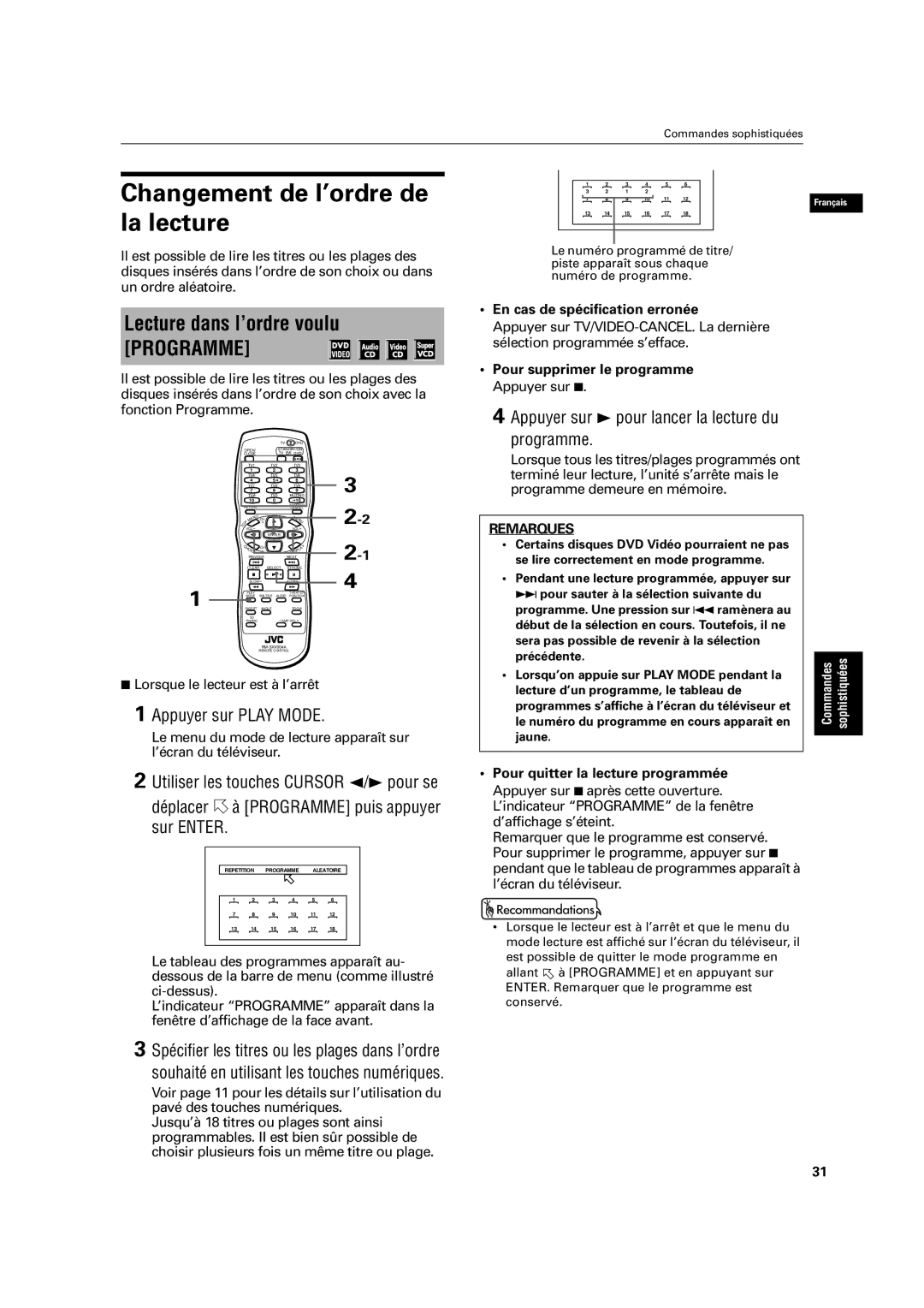 JVC XV-C3SL manual Changement de l’ordre de la lecture, Lecture dans l’ordre voulu, En cas de spécification erronée 