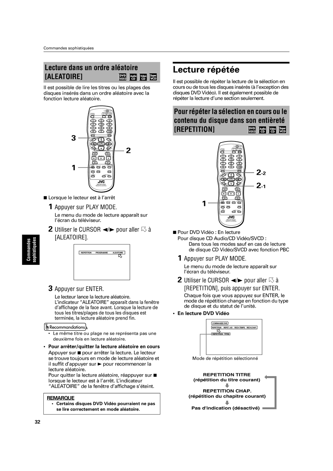 JVC XV-C3SL manual Lecture répétée, Lecture dans un ordre aléatoire, Utiliser le Cursor 2/3 pour aller à 