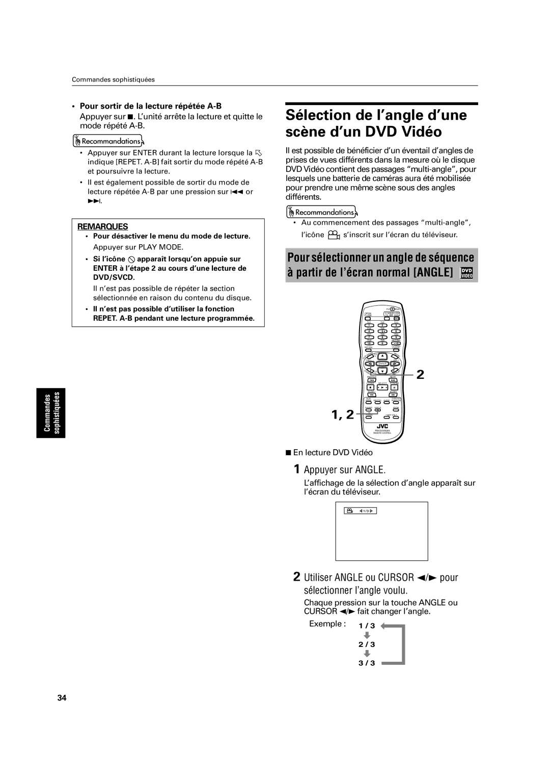 JVC XV-C3SL Sélection de l’angle d’une scène d’un DVD Vidéo, Appuyer sur Angle, Pour sortir de la lecture répétée A-B 