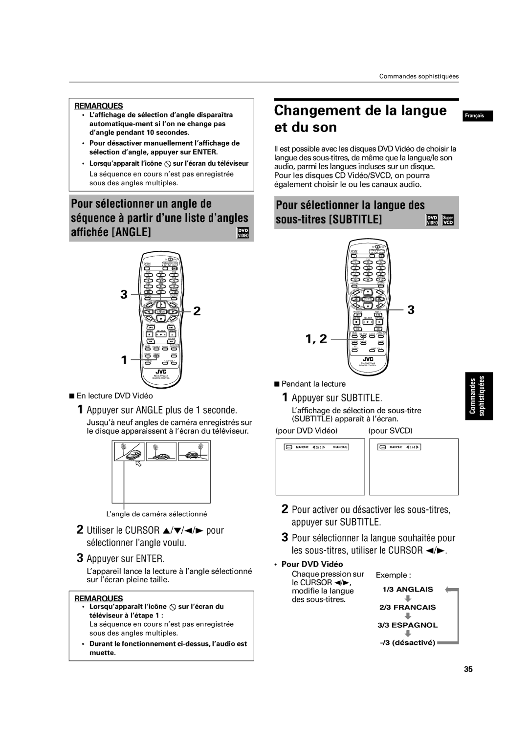 JVC XV-C3SL manual Appuyer sur Angle plus de 1 seconde, Changement de la langue Français et du son, Appuyer sur Subtitle 