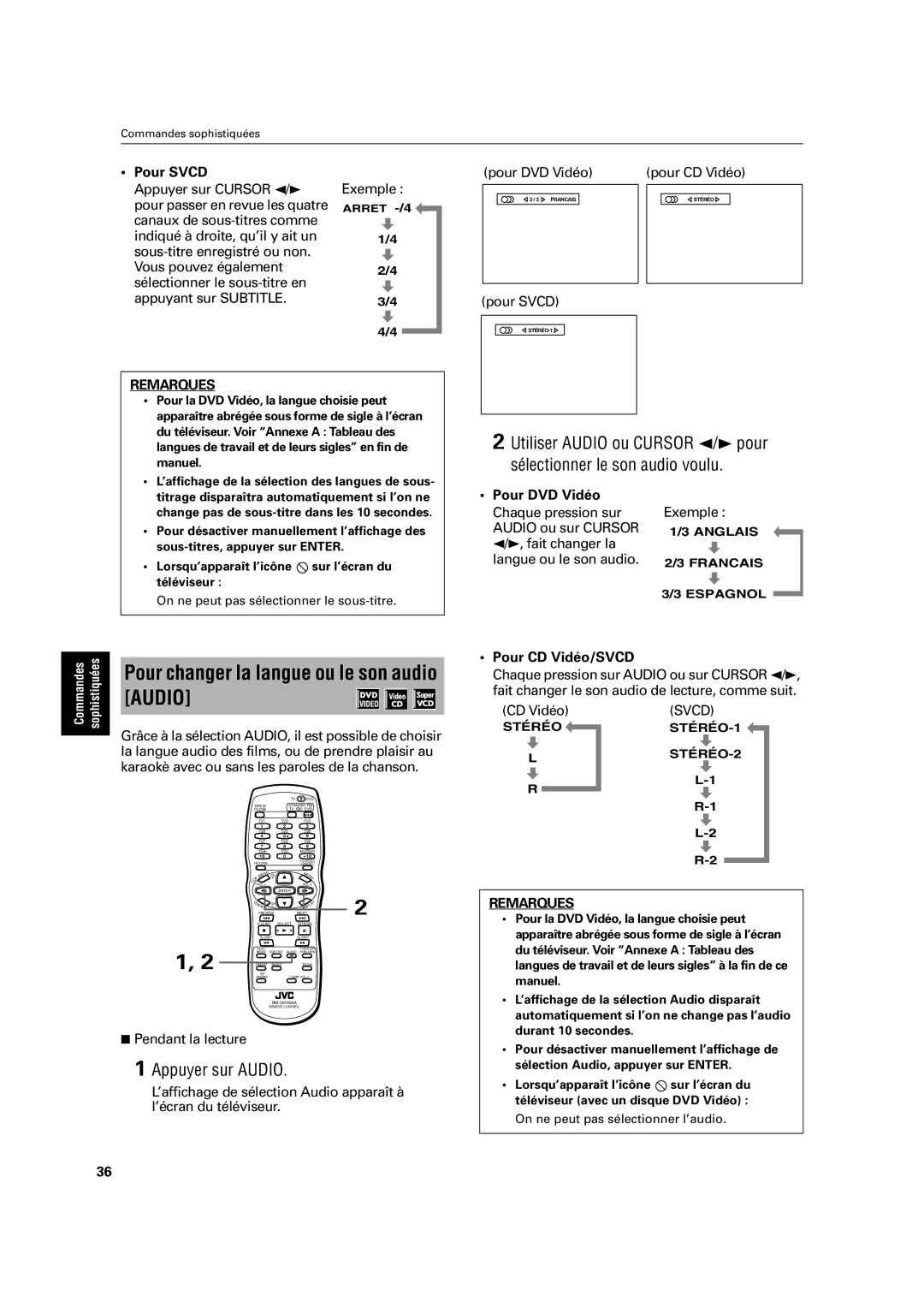 JVC XV-C3SL manual Pour changer la langue ou le son audio Audio, Appuyer sur Audio, Pour Svcd, CD Vidéo 