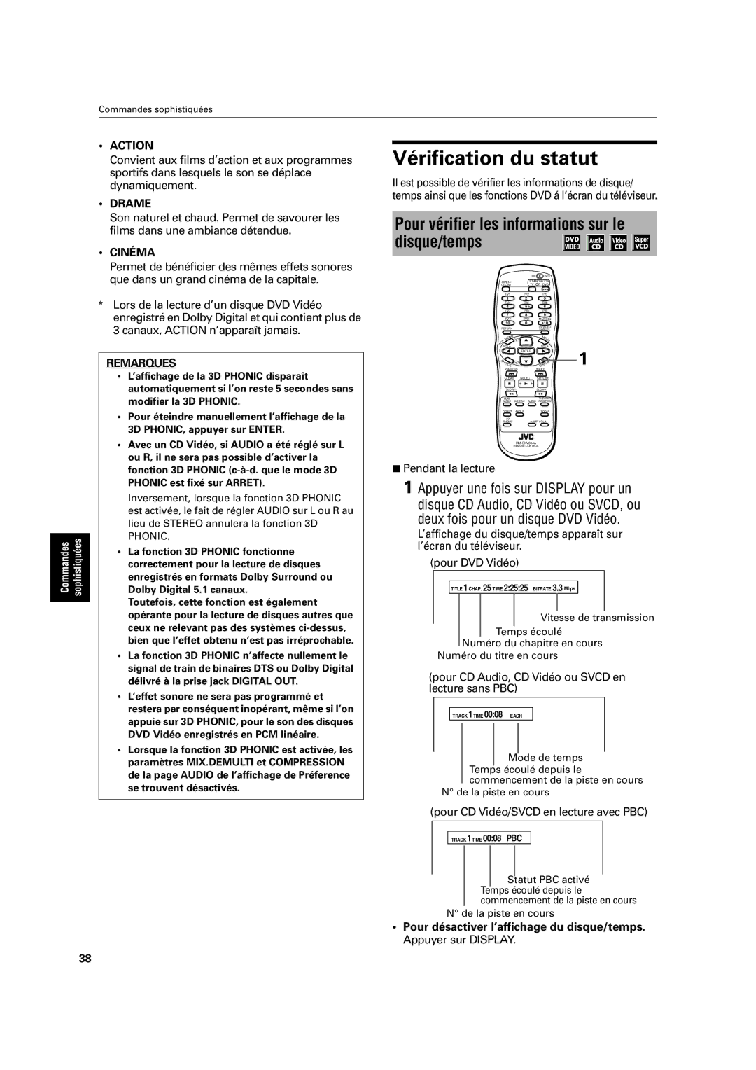 JVC XV-C3SL Vérification du statut, Pour vérifier les informations sur le disque/temps, Deux fois pour un disque DVD Vidéo 