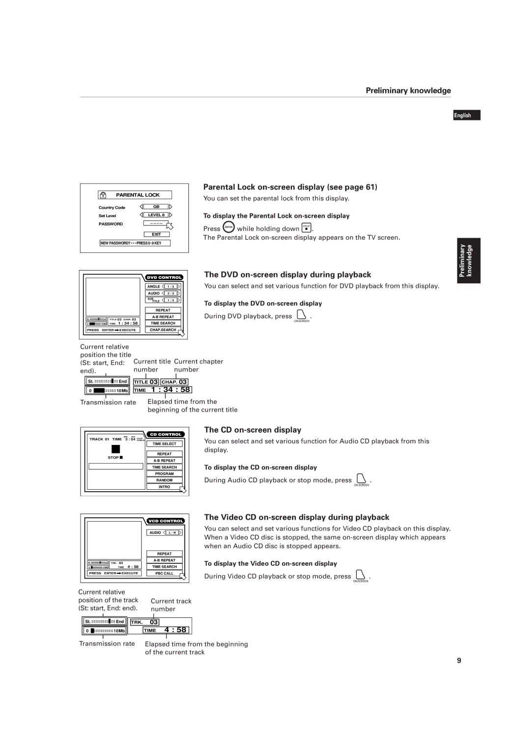 JVC XV-D701BK manual Parental Lock on-screen display see, DVD on-screen display during playback, CD on-screen display 