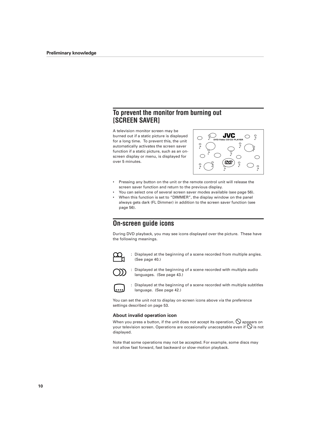 JVC XV-D701BK manual To prevent the monitor from burning out, On-screen guide icons, About invalid operation icon 