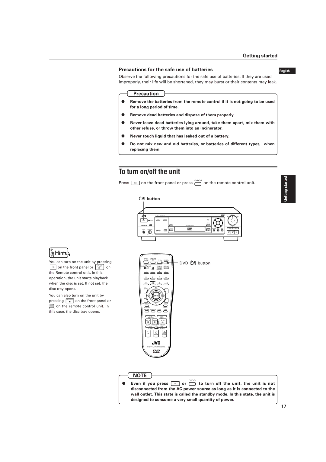 JVC XV-D701BK manual To turn on/off the unit, Getting started Precautions for the safe use of batteries 