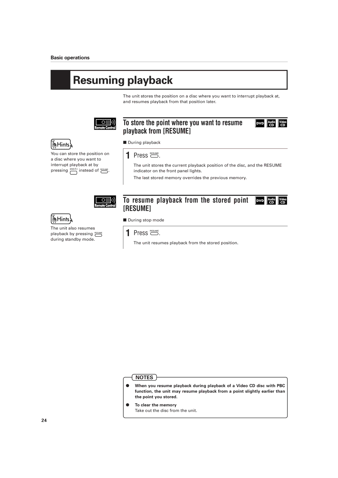 JVC XV-D701BK manual Resuming playback, To resume playback from the stored point Resume, Press Resume 