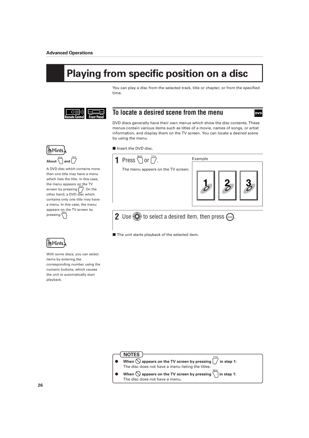 JVC XV-D701BK manual Playing from specific position on a disc, To locate a desired scene from the menu, Press 