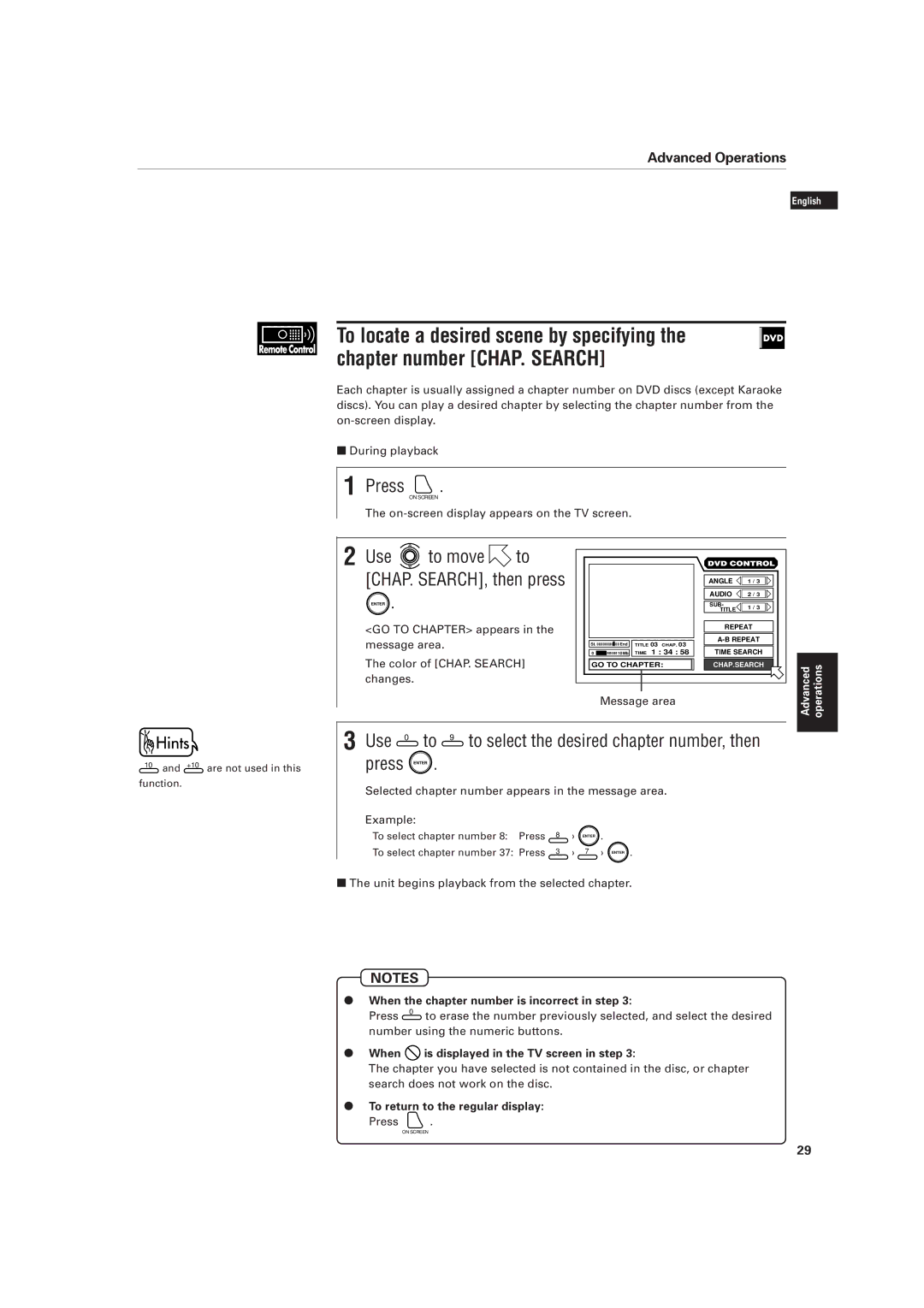 JVC XV-D701BK manual Message area, When the chapter number is incorrect in step, When is displayed in the TV screen in step 