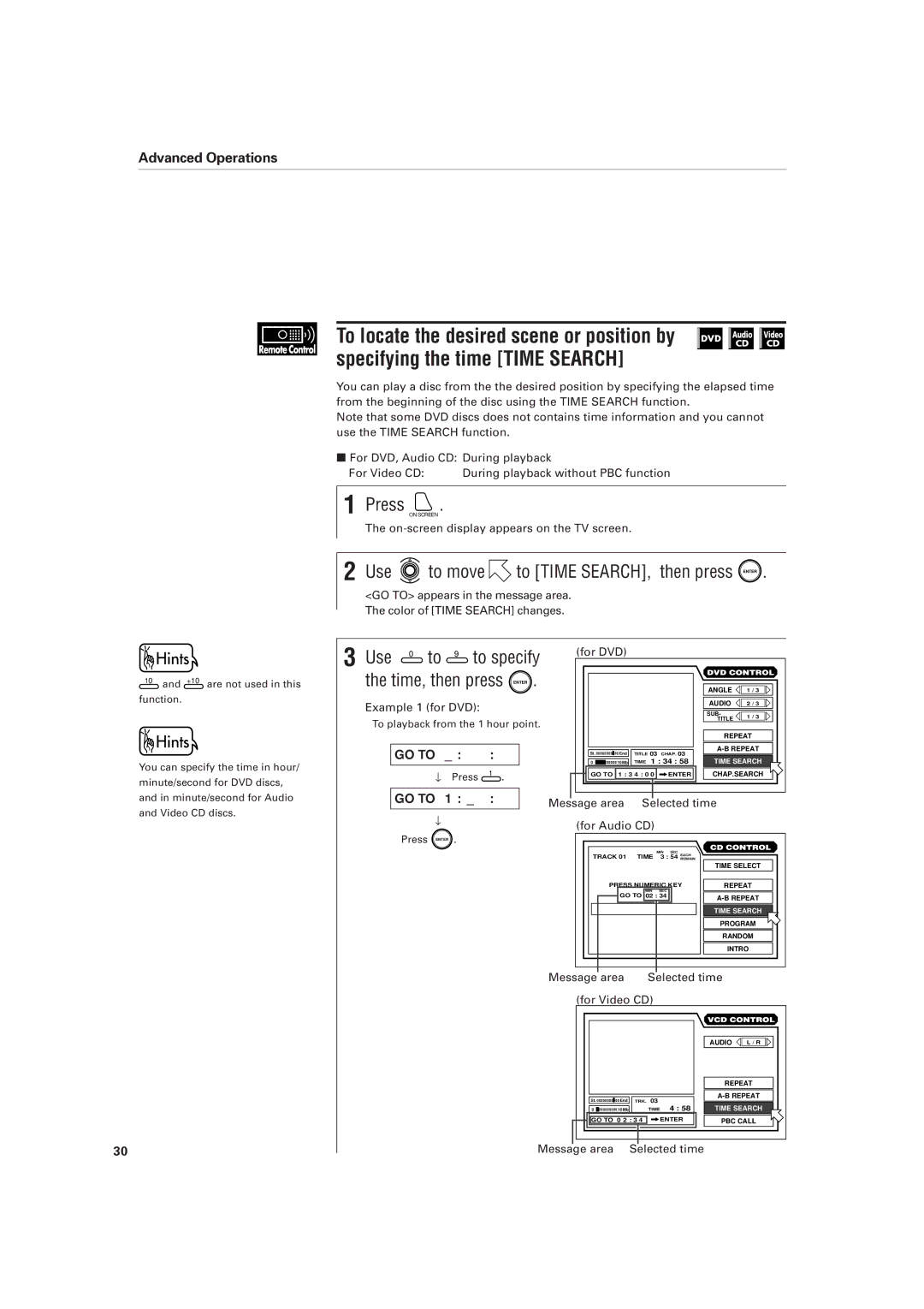 JVC XV-D701BK manual Use to move to Time SEARCH, then press Enter, For DVD, Example 1 for DVD, Message Area Selected time 