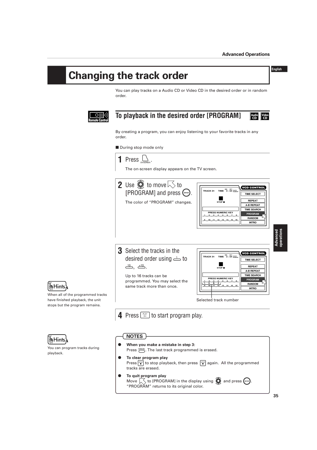 JVC XV-D701BK manual Changing the track order, To playback in the desired order Program, Press Play to start program play 