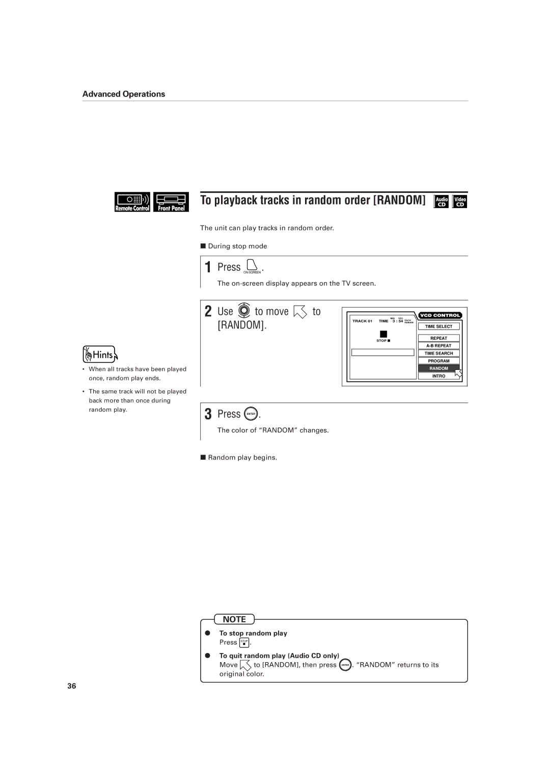 JVC XV-D701BK manual To playback tracks in random order Random, Use to move to Random 