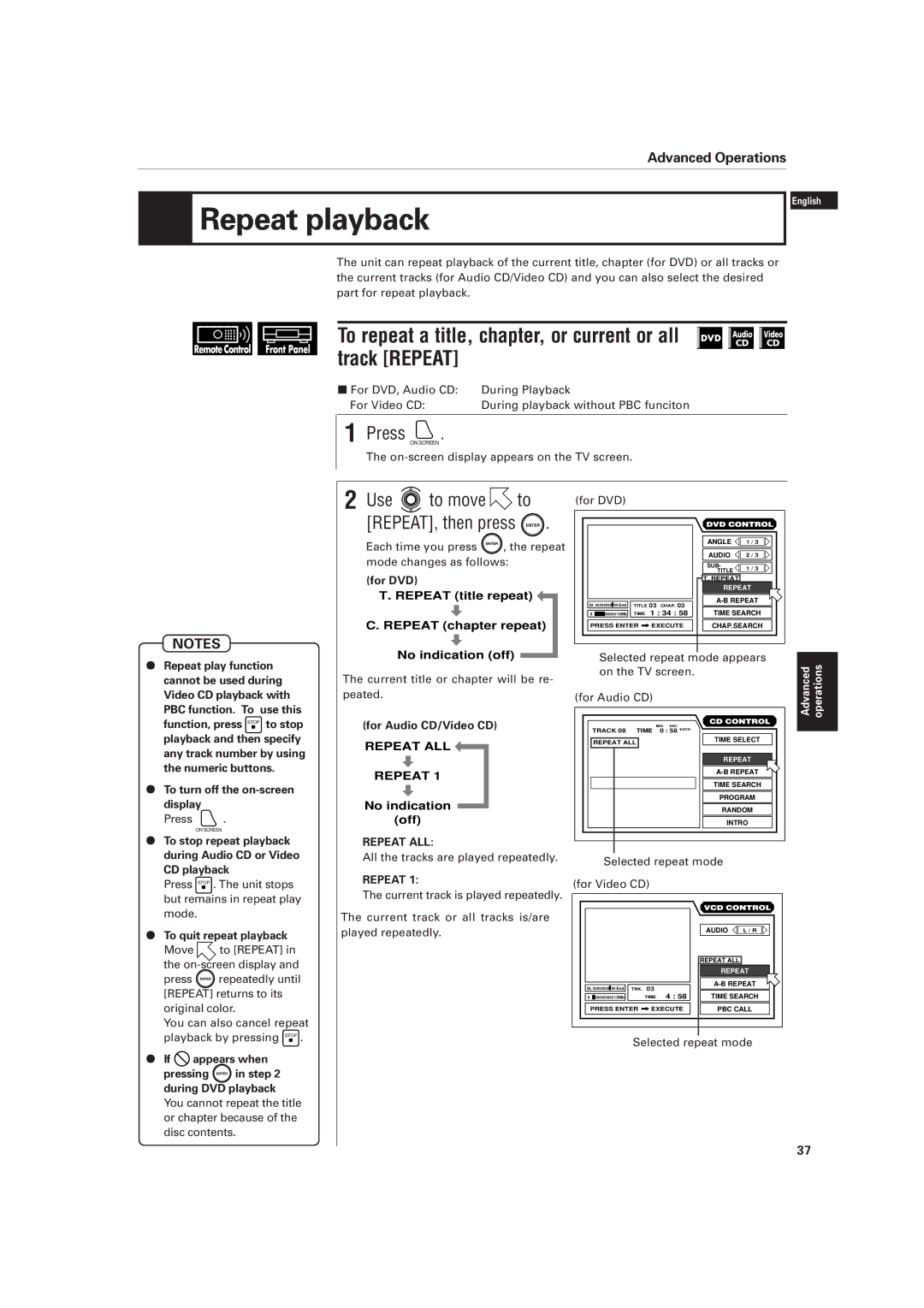 JVC XV-D701BK manual Repeat playback, To repeat a title, chapter, or current or all track Repeat 