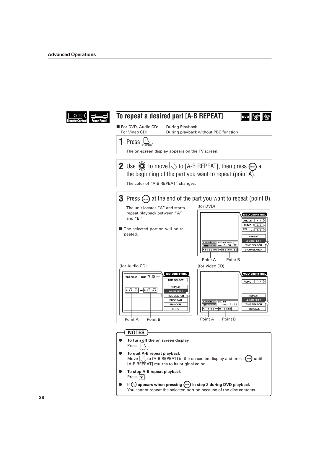 JVC XV-D701BK manual To repeat a desired part A-B Repeat, Point a Point B To turn off the on screen display 