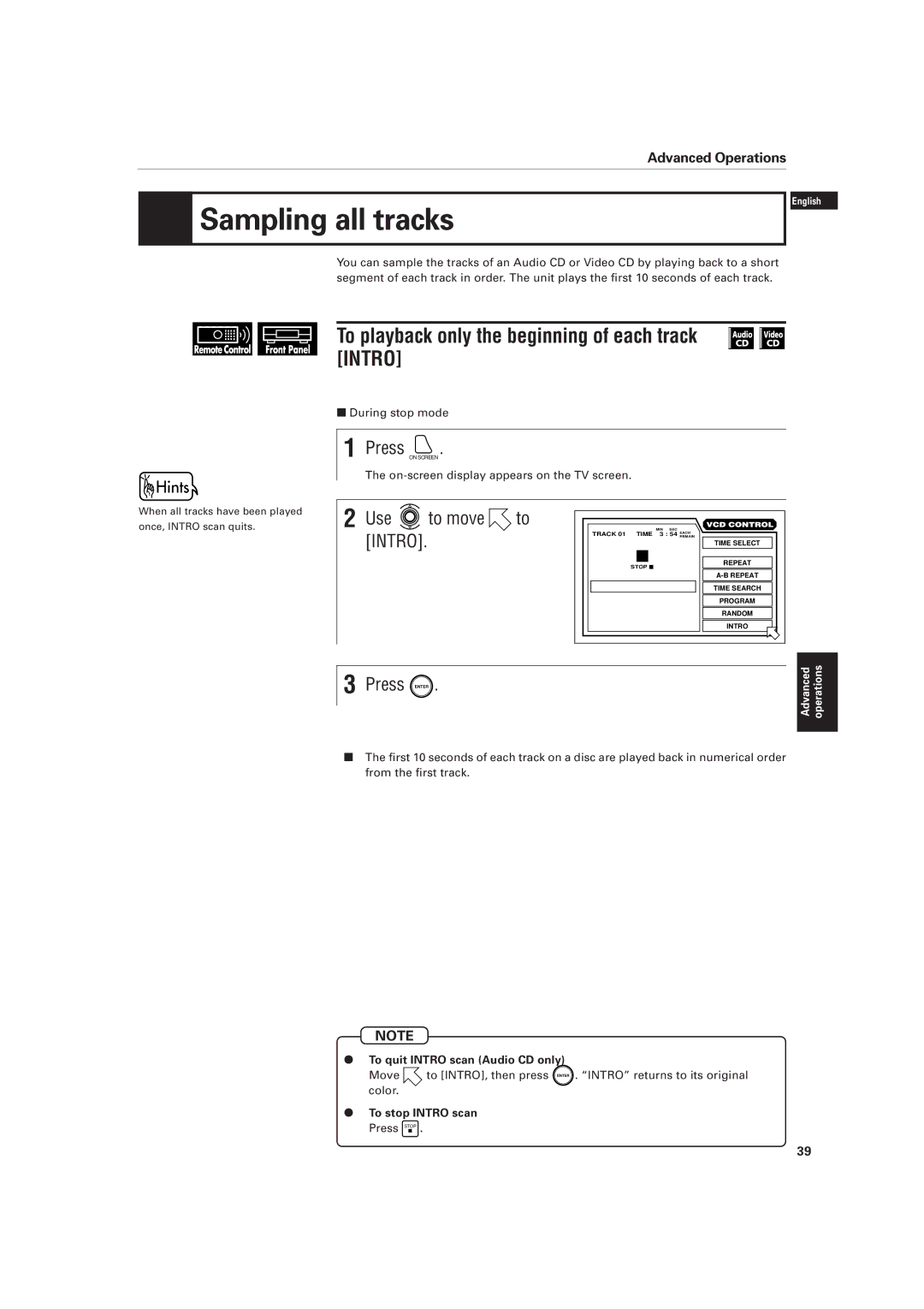 JVC XV-D701BK Sampling all tracks, To playback only the beginning of each track Intro, To quit Intro scan Audio CD only 
