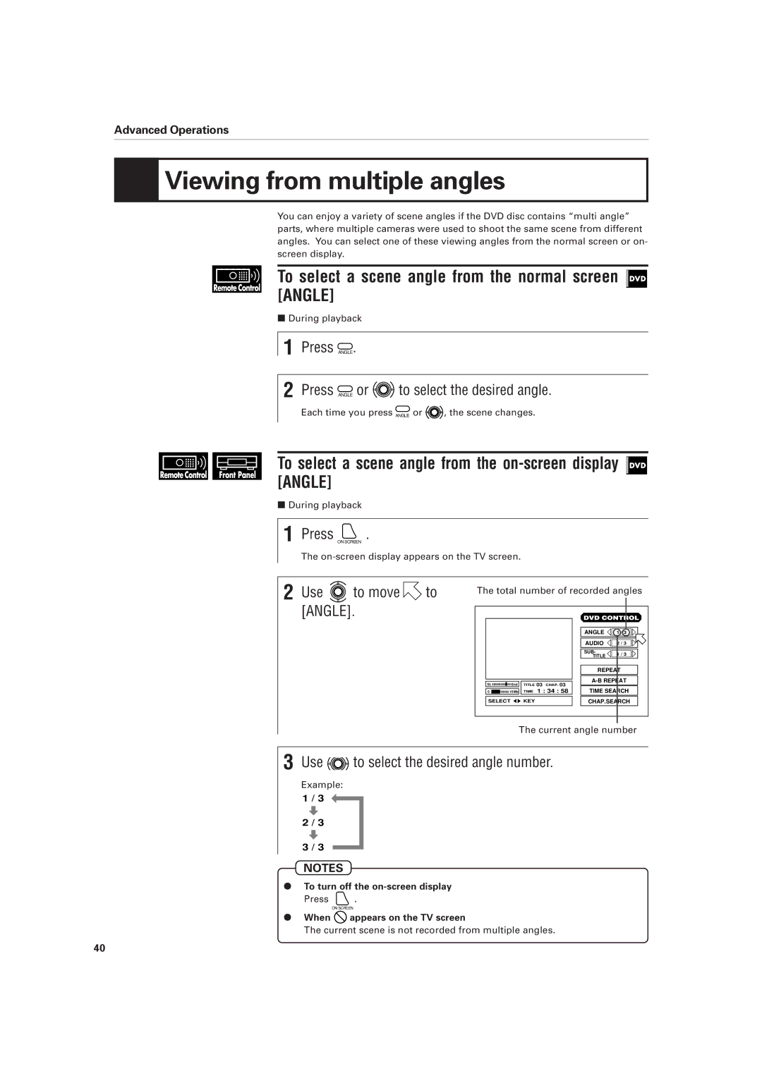 JVC XV-D701BK manual Viewing from multiple angles, To select a scene angle from the normal screen Angle 