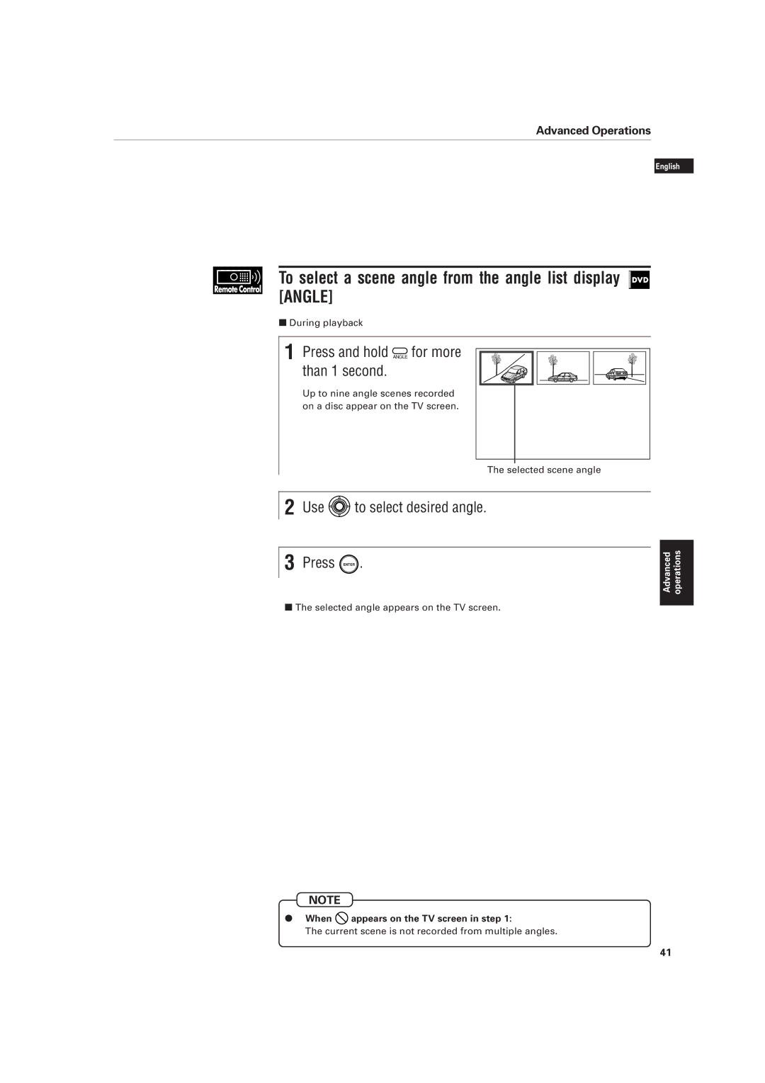 JVC XV-D701BK manual To select a scene angle from the angle list display Angle, Press and hold Angle for more than 1 second 