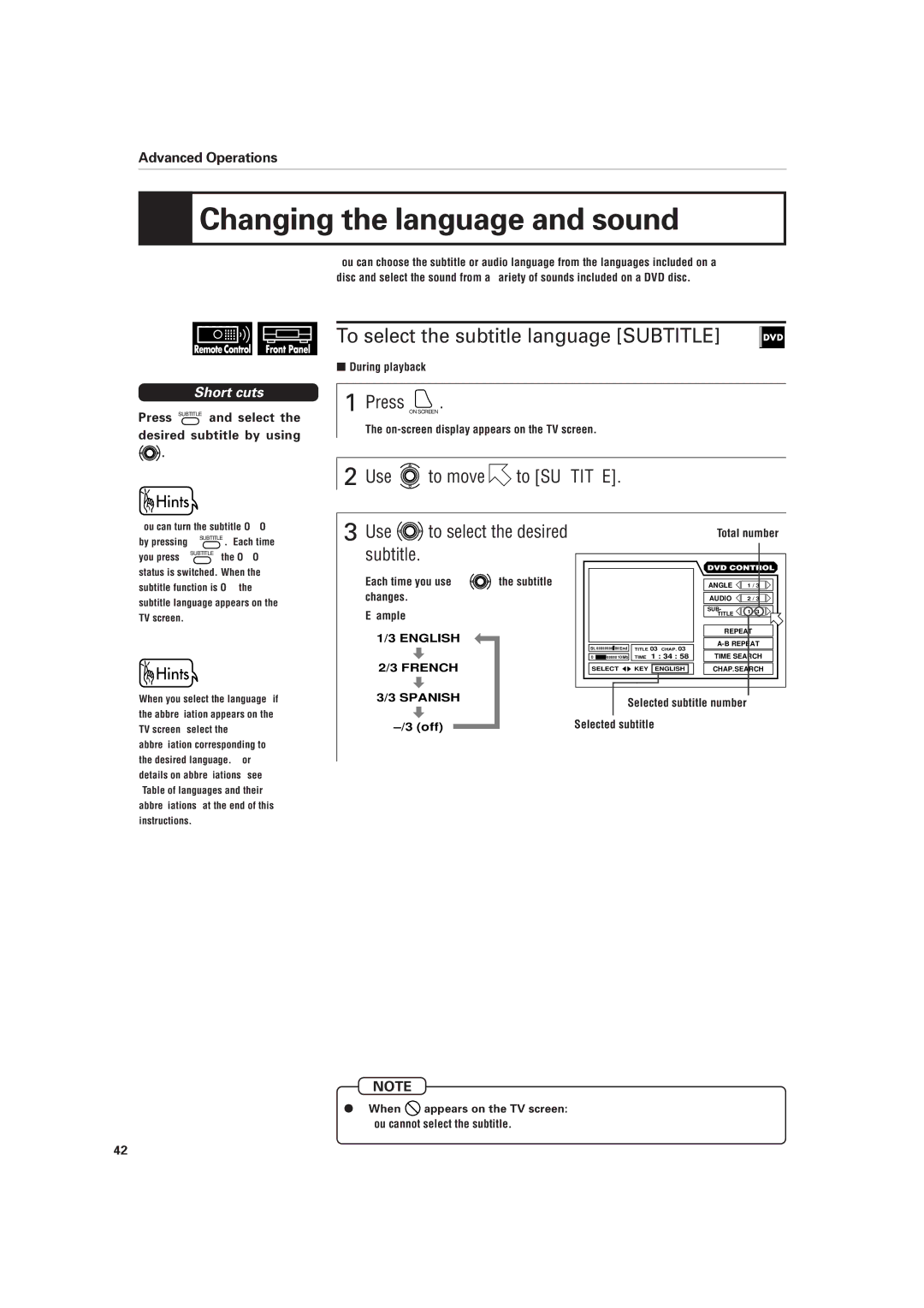 JVC XV-D701BK manual Changing the language and sound, To select the subtitle language Subtitle 