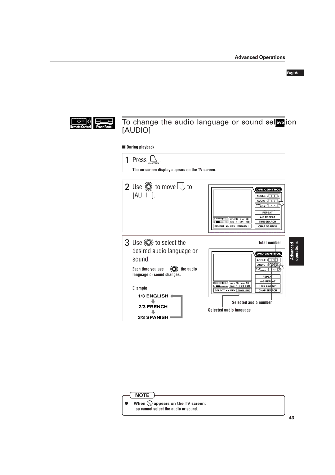 JVC XV-D701BK manual To change the audio language or sound selection Audio, Use to move Audio, Total number 