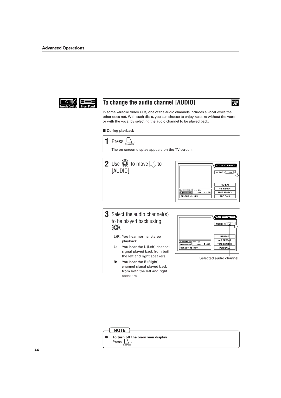 JVC XV-D701BK manual To change the audio channel Audio, Select the audio channels to be played back using 