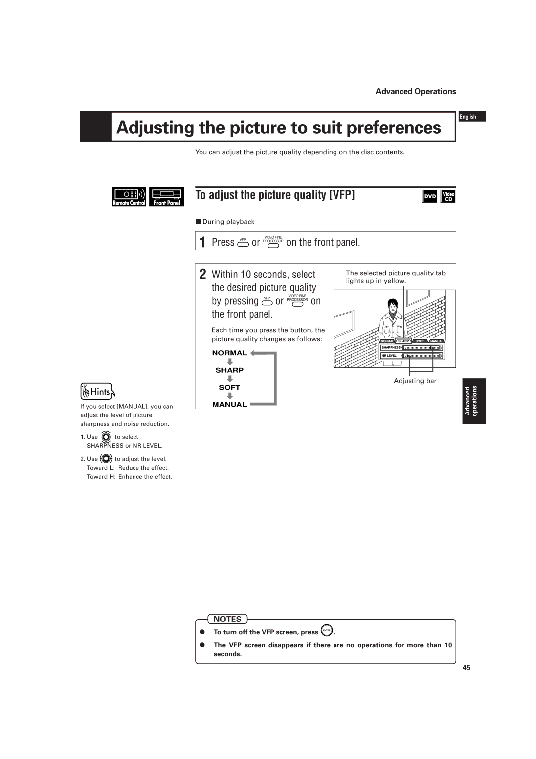 JVC XV-D701BK manual Adjusting the picture to suit preferences, To adjust the picture quality VFP 