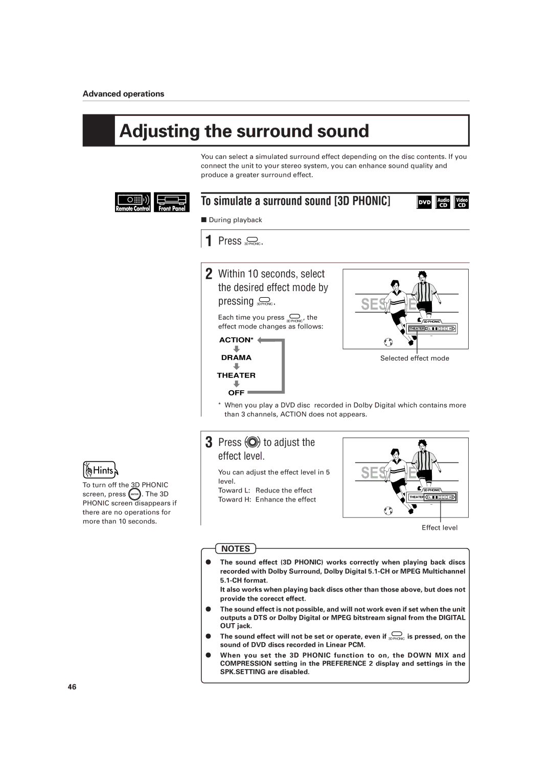 JVC XV-D701BK manual Adjusting the surround sound, To simulate a surround sound 3D Phonic, Press to adjust the effect level 