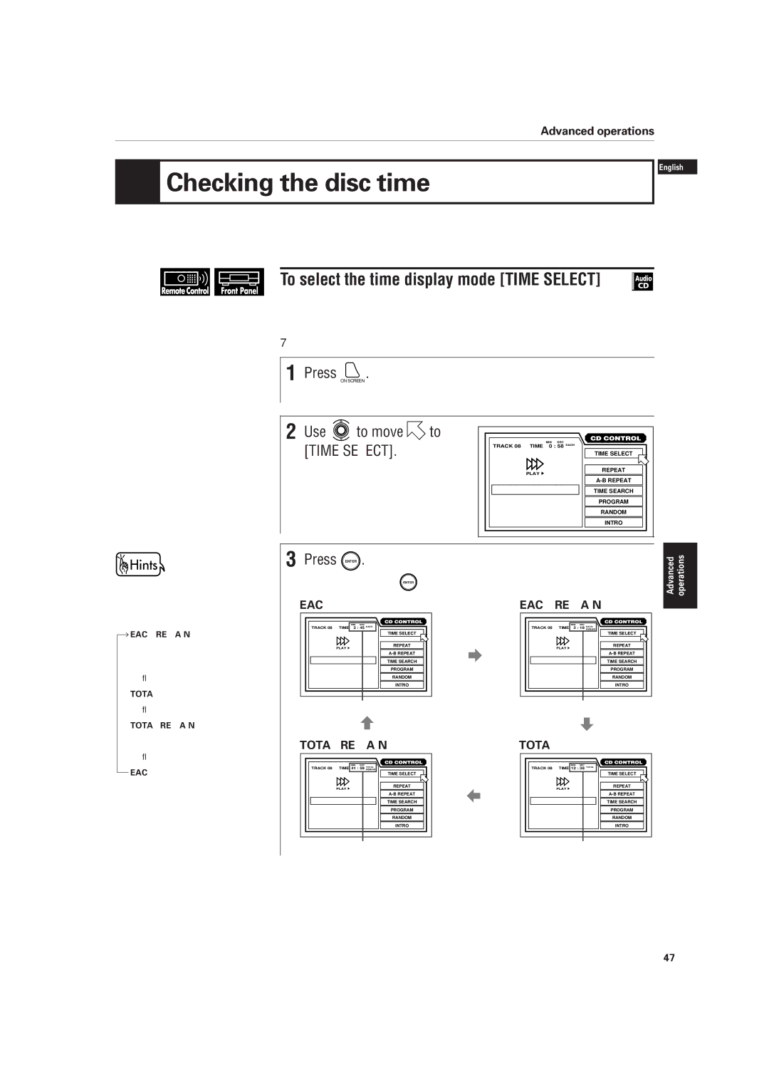 JVC XV-D701BK manual Checking the disc time, To select the time display mode Time Select, Each Each Remain, Total Remain 