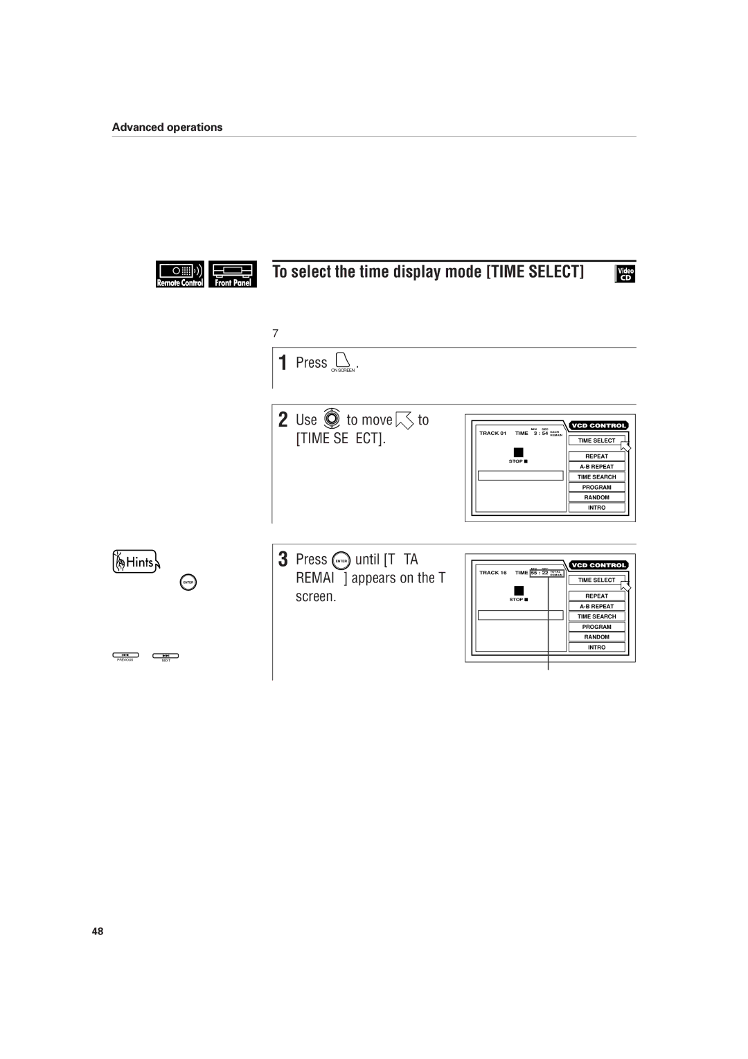 JVC XV-D701BK manual Use to move to Time Select, Press Enter until Total Remain appears on the TV screen 