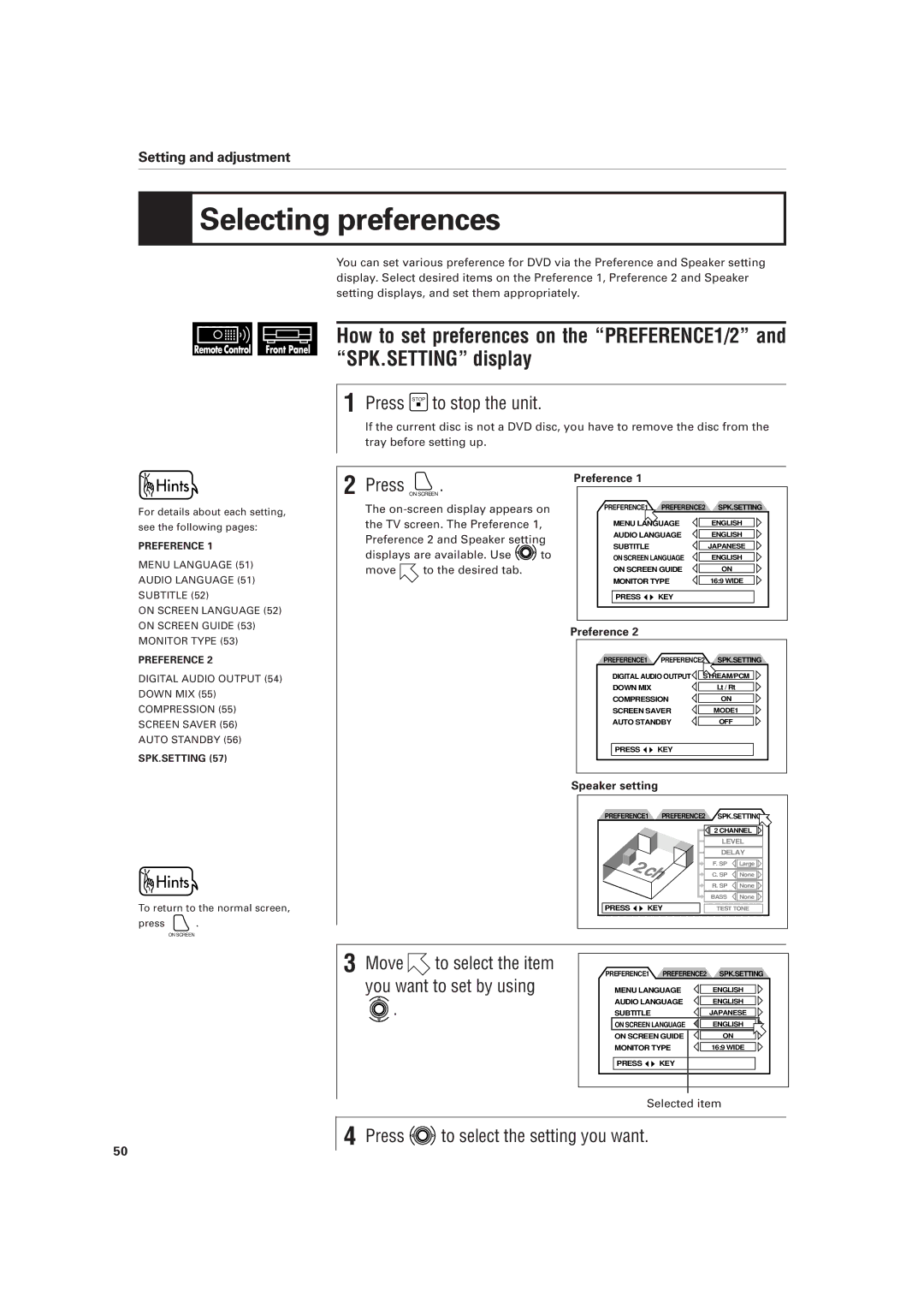 JVC XV-D701BK manual Selecting preferences, Press Stop to stop the unit, Press to select the setting you want 