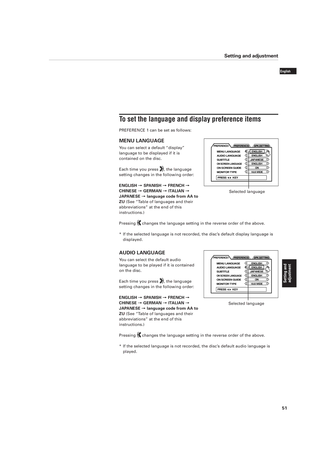 JVC XV-D701BK manual To set the language and display preference items, Menu Language, Audio Language, Selected language 