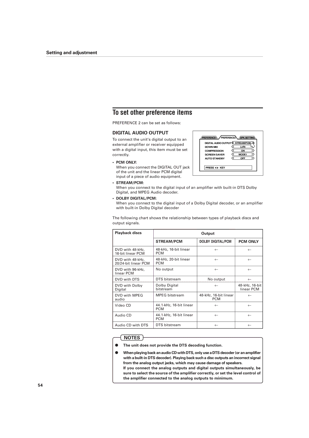 JVC XV-D701BK manual To set other preference items, Digital Audio Output, Playback discs Output 