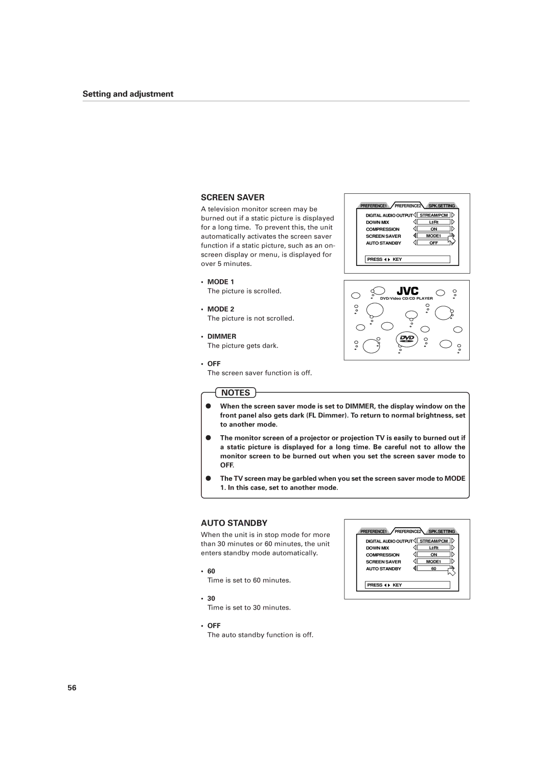JVC XV-D701BK manual Screen Saver, Auto Standby, Mode 