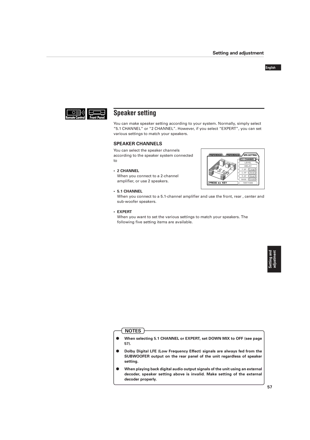 JVC XV-D701BK manual Speaker setting, Speaker Channels 