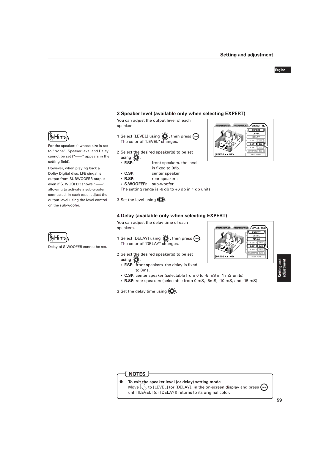 JVC XV-D701BK manual Speaker level available only when selecting Expert, Delay available only when selecting Expert 