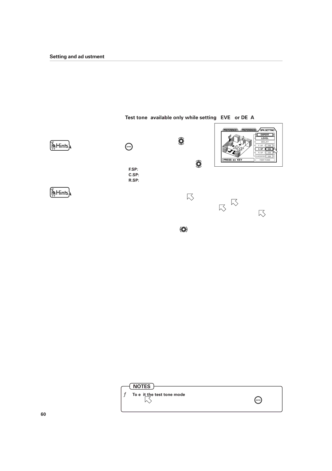 JVC XV-D701BK manual Test tone available only while setting Level or Delay, To exit the test tone mode 