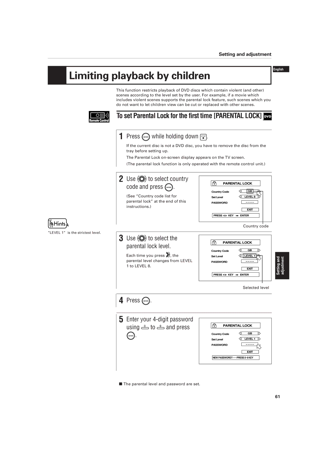 JVC XV-D701BK manual Limiting playback by children, Press Enter while holding down Stop 