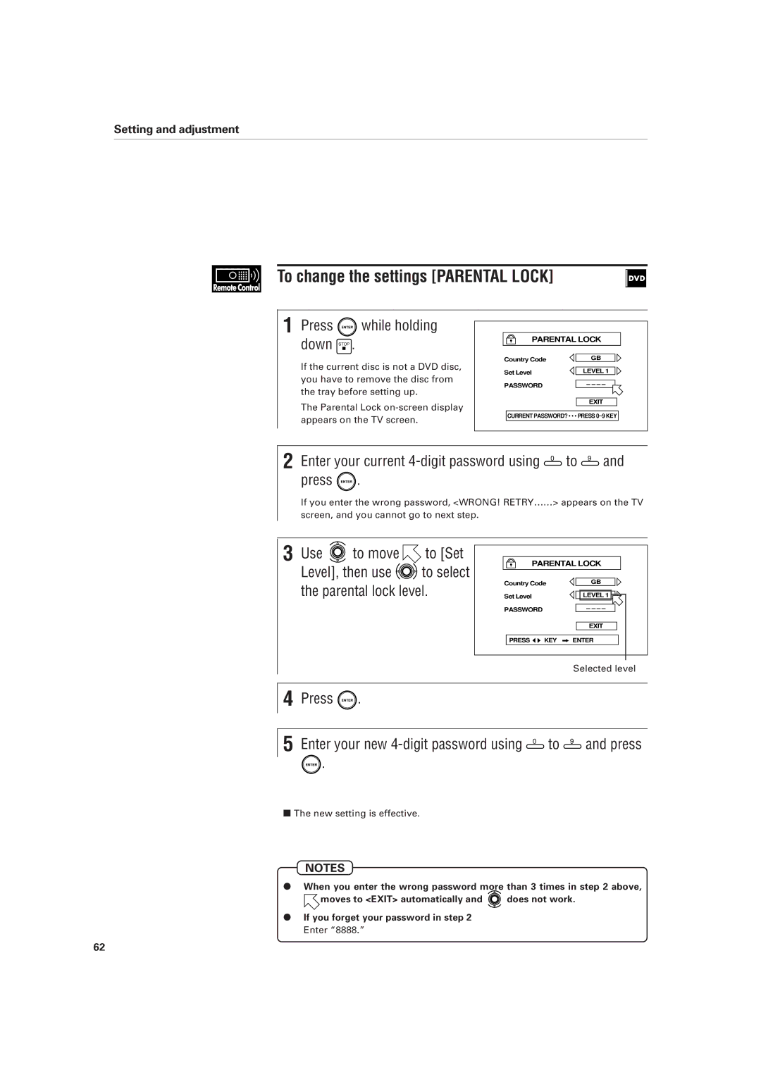 JVC XV-D701BK manual To change the settings Parental Lock, Use to move to Set 