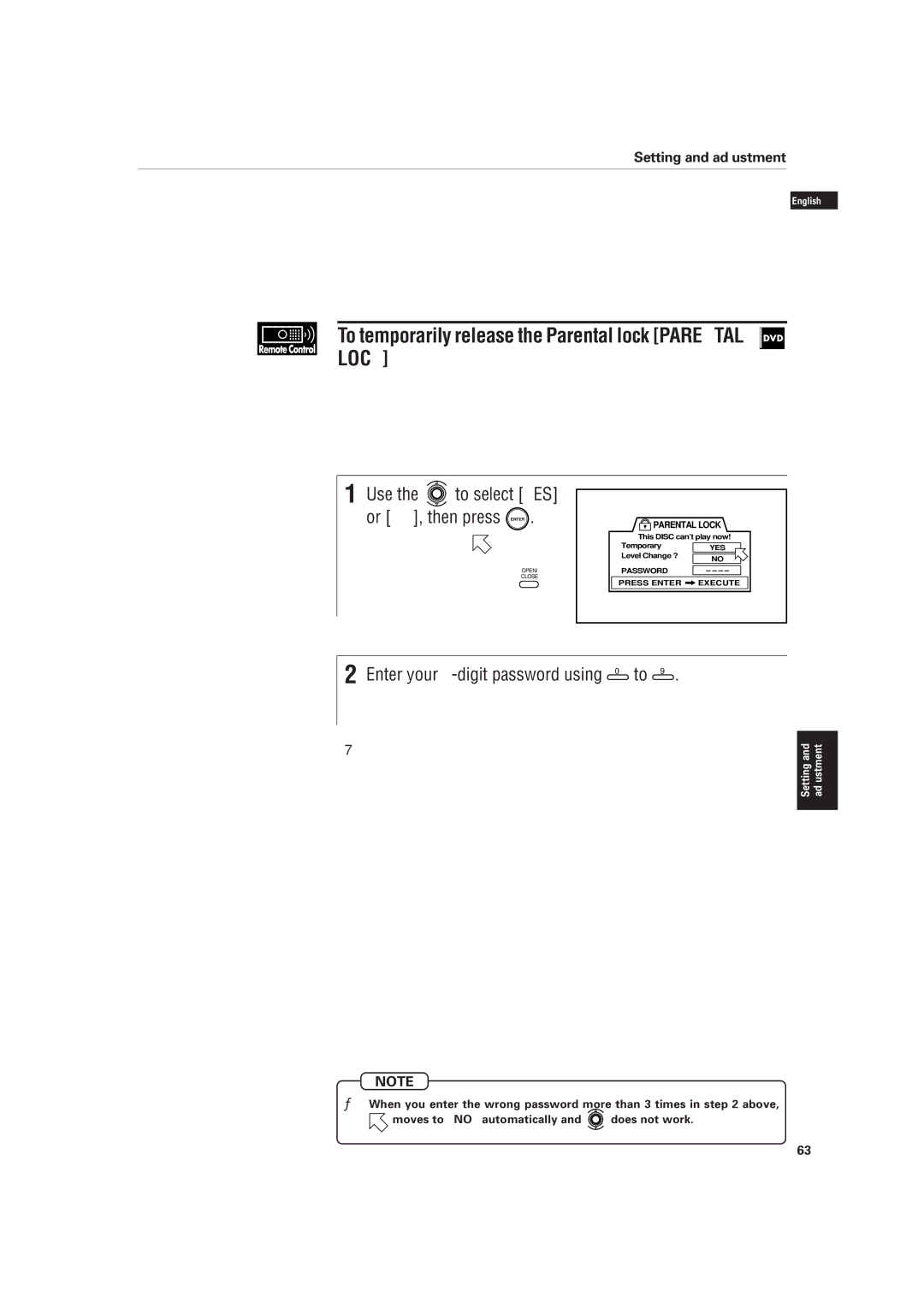 JVC XV-D701BK manual To temporarily release the Parental lock Parental Lock, Enter your 4-digit password using 0 to 