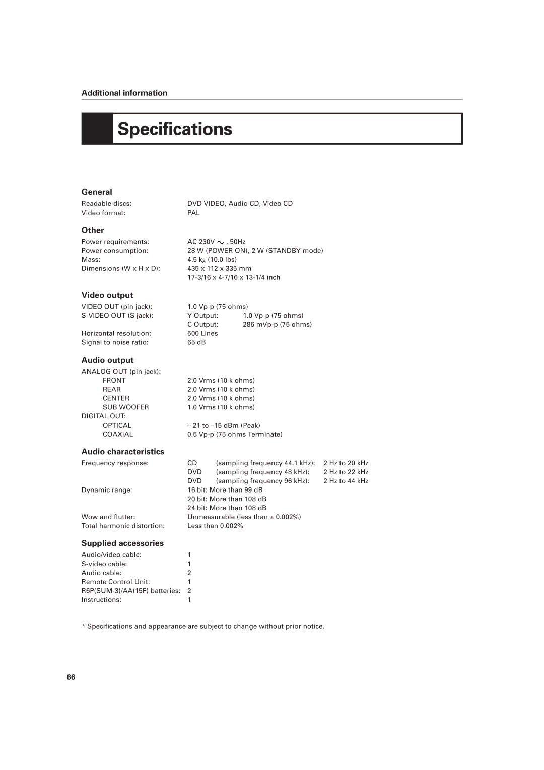 JVC XV-D701BK manual Specifications 