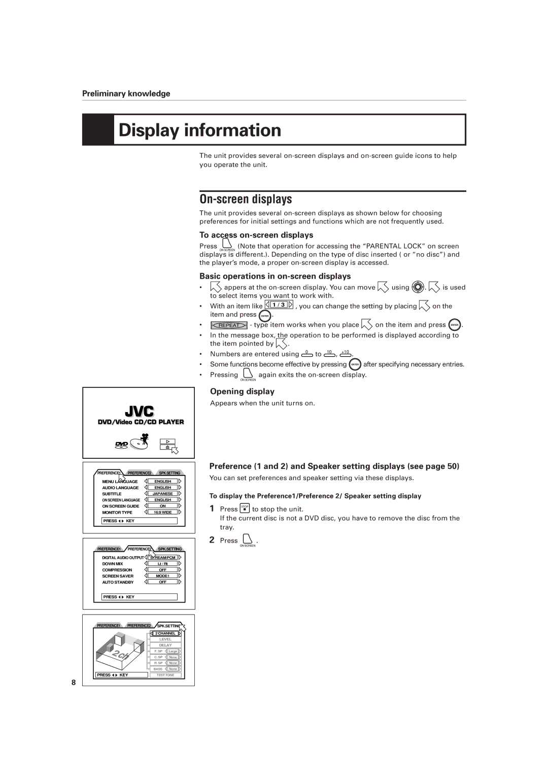 JVC XV-D701BK manual Display information, On-screen displays 