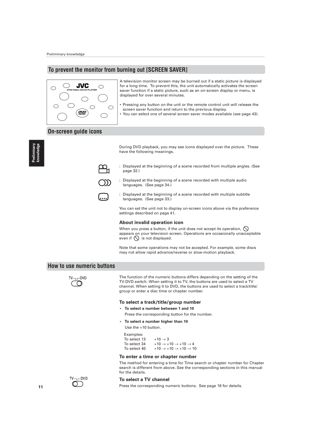 JVC XV-D721BK To prevent the monitor from burning out Screen Saver, On-screen guide icons, How to use numeric buttons 