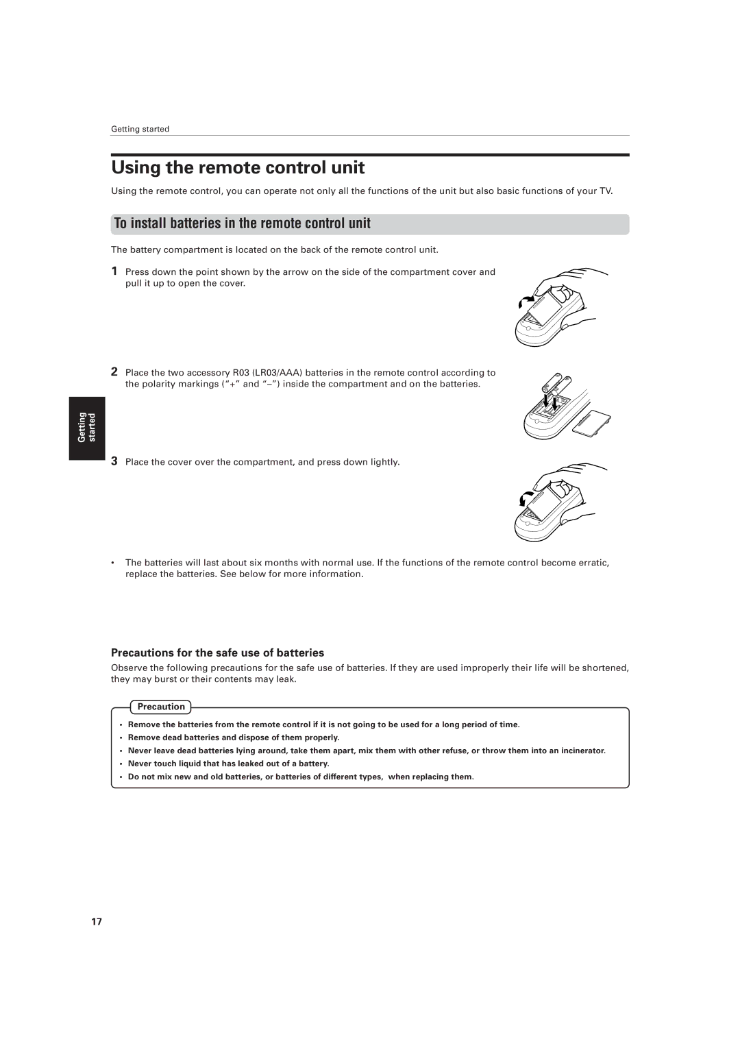 JVC XV-D721BK manual Using the remote control unit, To install batteries in the remote control unit, Precaution 