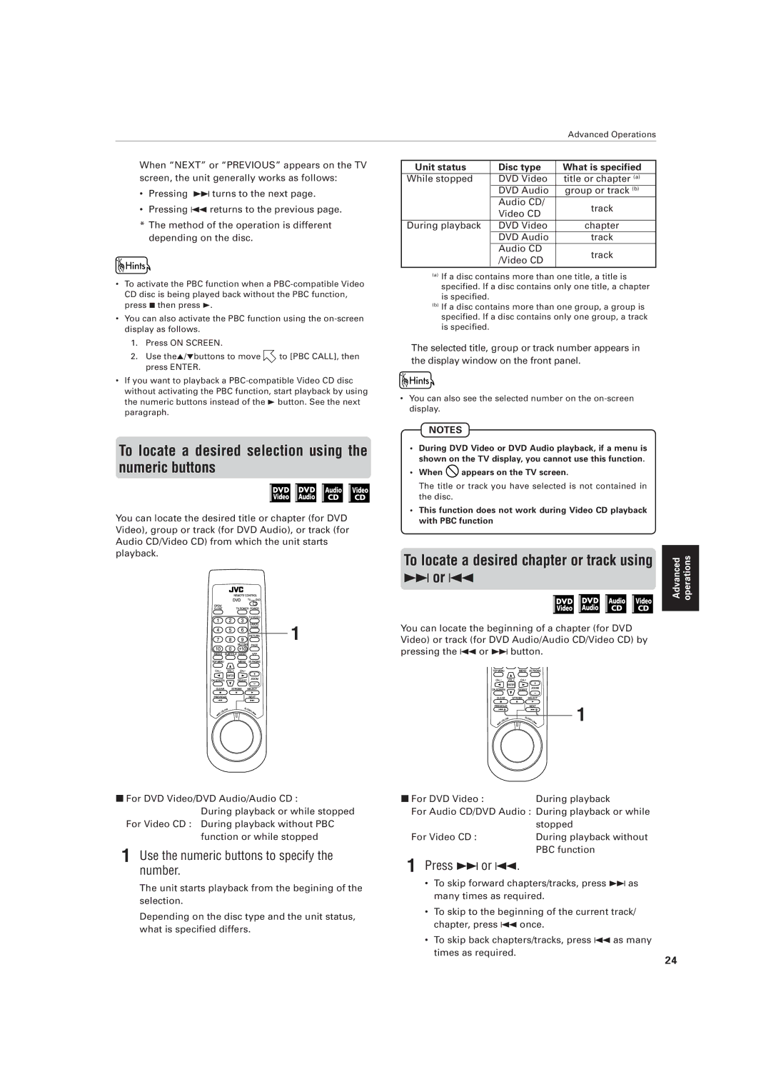 JVC XV-D721BK To locate a desired selection using the numeric buttons, ¢ or, Use the numeric buttons to specify the number 