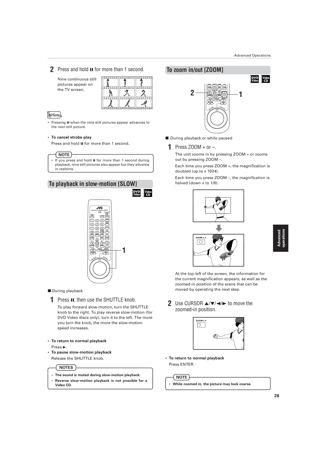 JVC XV-D721BK manual To zoom in/out Zoom, To playback in slow-motion Slow 